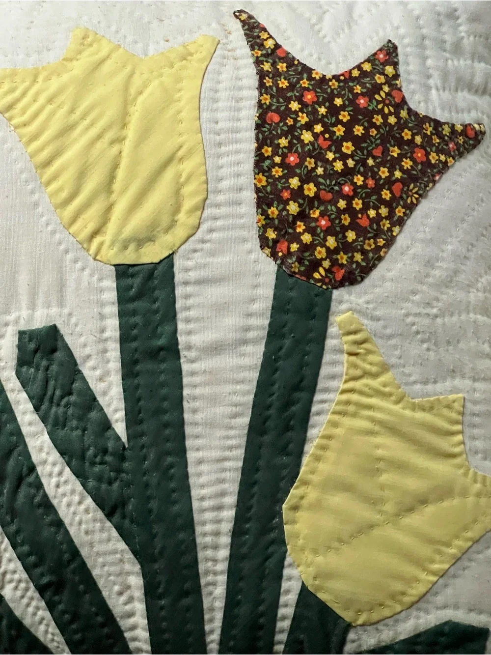 Vintage set of twoYellow Tulip Quilted Pillows with Ruffle Trim